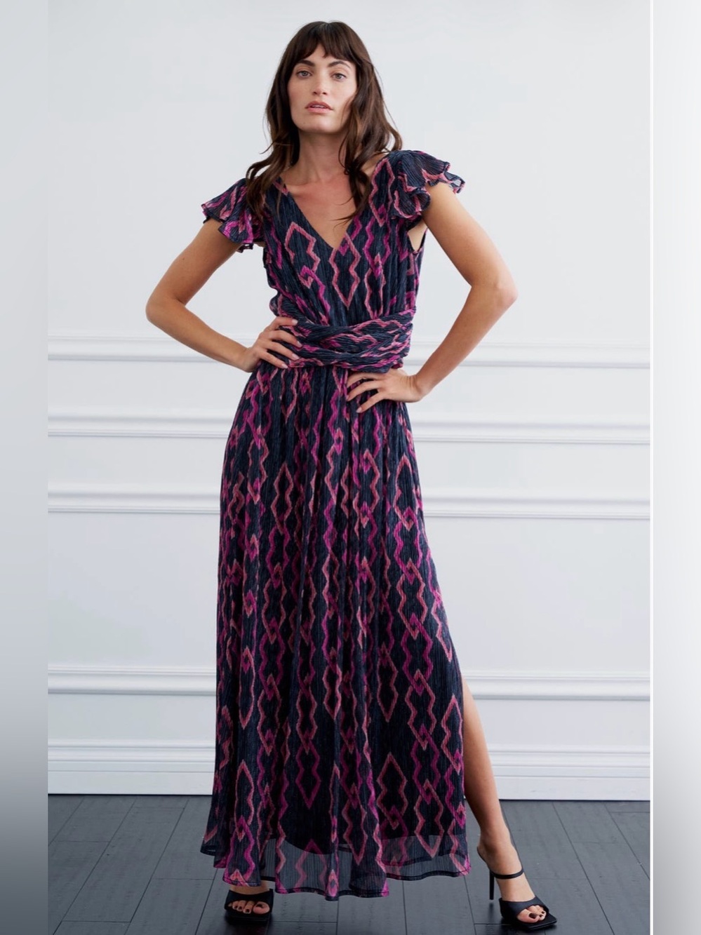 Ciebon Byanca Print Shimmer Maxi Dress Black Multi Medium Slit Boho Glam